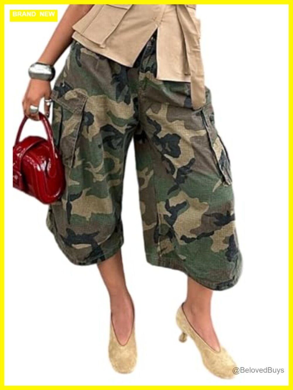 Camo Cargo Wide Leg Capri Jeans High Rise Baggy Harem Denim Pants